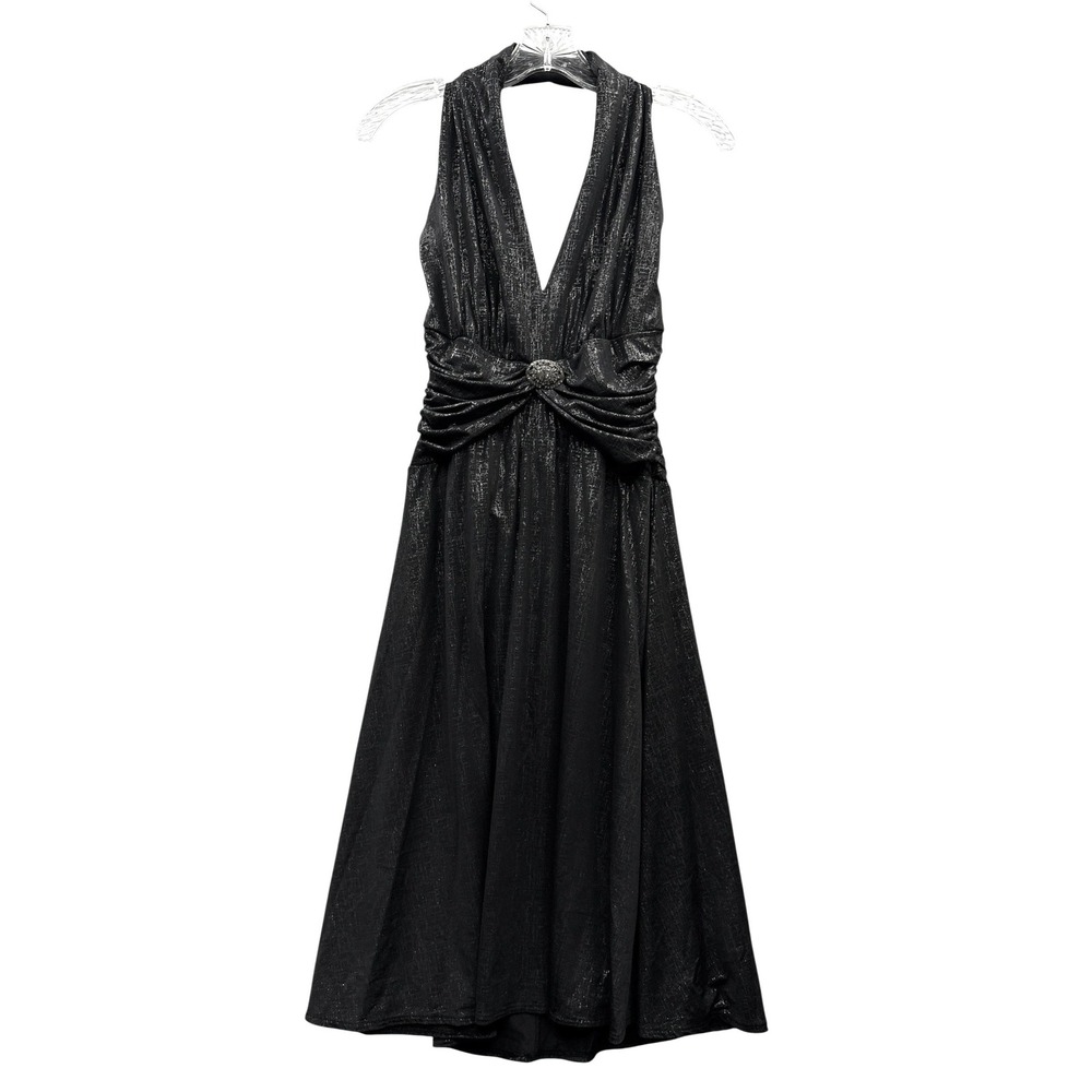 Vintage Maggy London Shimmer Plunge Black Midi Dress Y2K Glam Prom Goth 90s 8